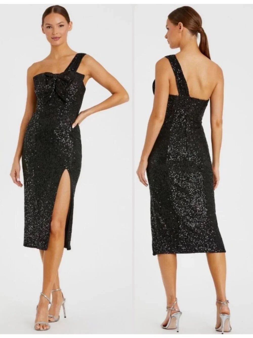 Mac Duggal 11286 Black Sequined One-Shoulder Front Bow Dress Size 8